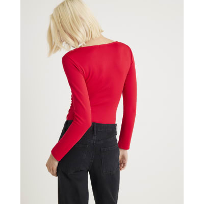 Red Long Sleeve V Neck Ruched Side Bodysuit