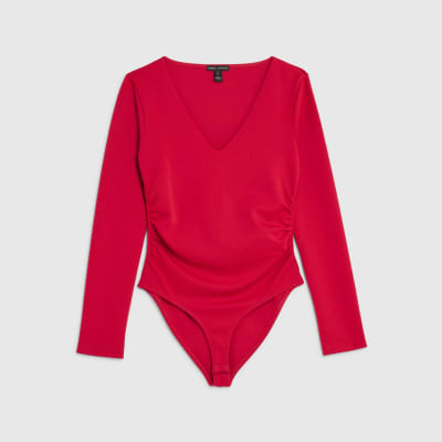 Red Long Sleeve V Neck Ruched Side Bodysuit