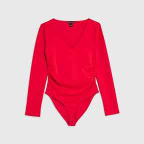 Red Long Sleeve V Neck Ruched Side Bodysuit