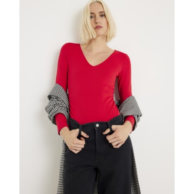 Red Long Sleeve V Neck Ruched Side Bodysuit