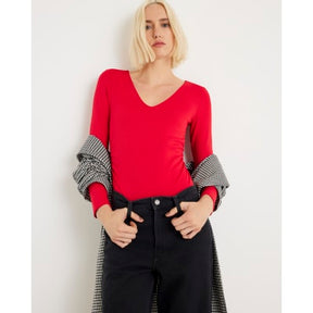 Red Long Sleeve V Neck Ruched Side Bodysuit