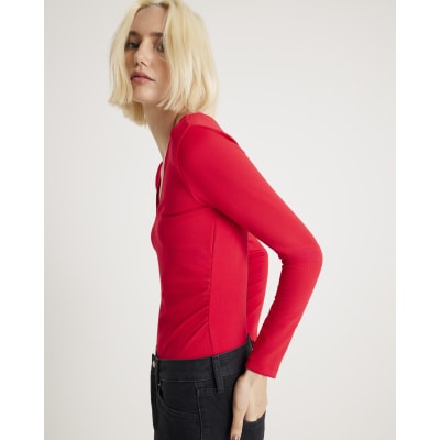 Red Long Sleeve V Neck Ruched Side Bodysuit