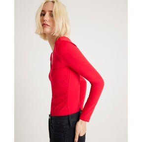 Red Long Sleeve V Neck Ruched Side Bodysuit
