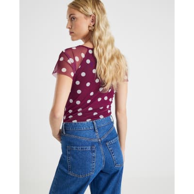 Red Mesh Spot Print Short Sleeve Ruched Top