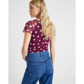 Red Mesh Spot Print Short Sleeve Ruched Top