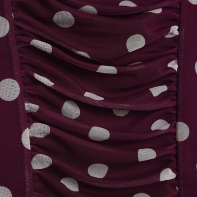 Red Mesh Spot Print Short Sleeve Ruched Top