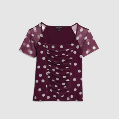 Red Mesh Spot Print Short Sleeve Ruched Top