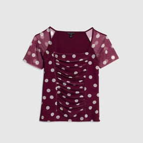 Red Mesh Spot Print Short Sleeve Ruched Top
