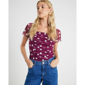 Red Mesh Spot Print Short Sleeve Ruched Top