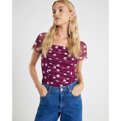 Red Mesh Spot Print Short Sleeve Ruched Top