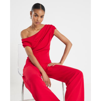 Red One Shoulder Draped Jumpsuit