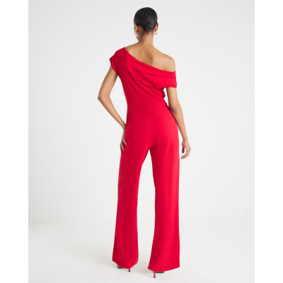 Red One Shoulder Draped Jumpsuit
