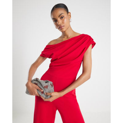 Red One Shoulder Draped Jumpsuit