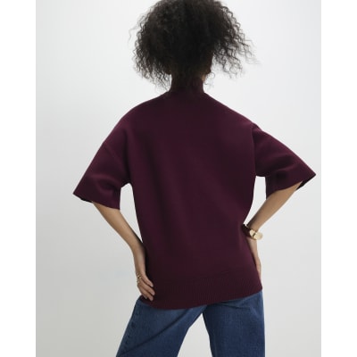 Red Oversized Knitted High Neck Top