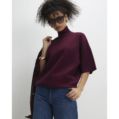 Red Oversized Knitted High Neck Top