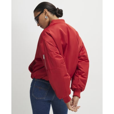 Red Oversized Ruched Hem Bomber Jacket