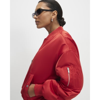 Red Oversized Ruched Hem Bomber Jacket