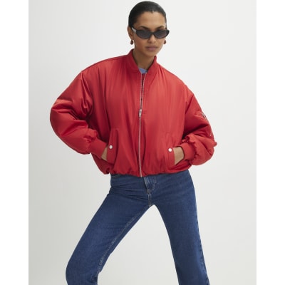 Red Oversized Ruched Hem Bomber Jacket