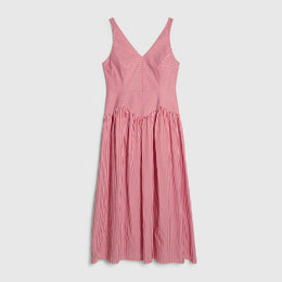 Red Petite V Neck Stripe Midi Dress