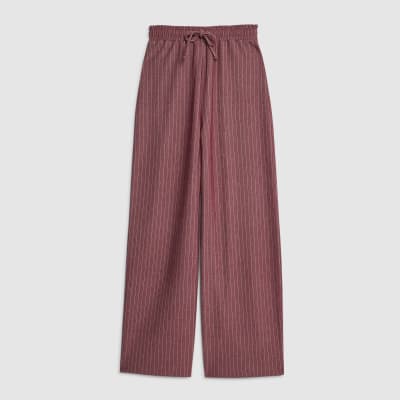 Red Pinstripe Drawstring Wide Leg Trousers