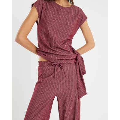 Red Pinstripe Drawstring Wide Leg Trousers