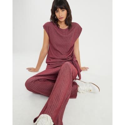 Red Pinstripe Drawstring Wide Leg Trousers
