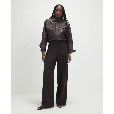 Red Pinstripe Pleated Wide Leg Trousers