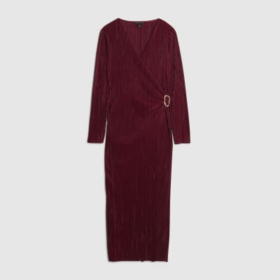 Red Plisse Long Sleeve Wrap Midi Dress