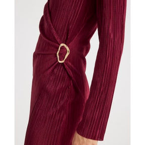 Red Plisse Long Sleeve Wrap Midi Dress