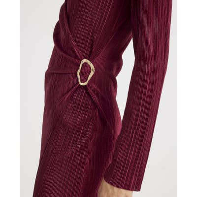 Red Plisse Long Sleeve Wrap Midi Dress