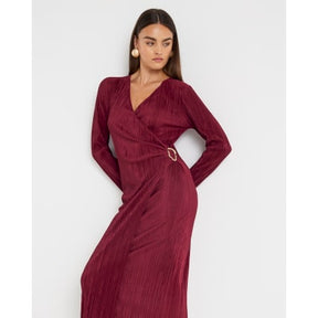 Red Plisse Long Sleeve Wrap Midi Dress
