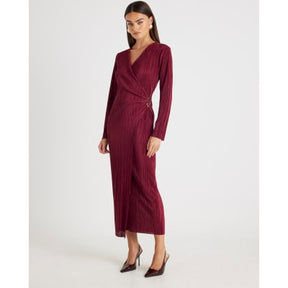 Red Plisse Long Sleeve Wrap Midi Dress