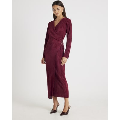 Red Plisse Long Sleeve Wrap Midi Dress