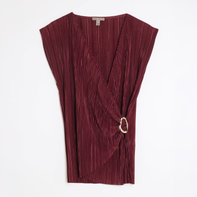 Red Plisse Sleeveless Gold Trim Top