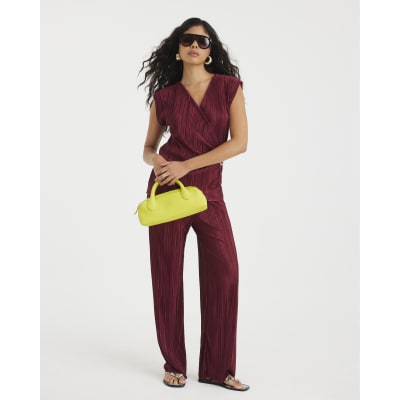 Red Plisse Sleeveless Gold Trim Top