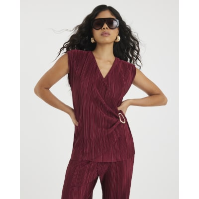 Red Plisse Sleeveless Gold Trim Top