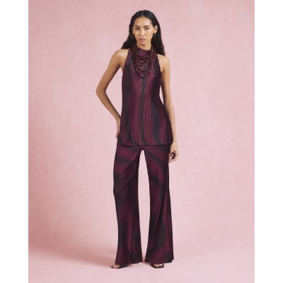 Red Plisse Sleeveless Halter Neck Top