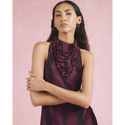 Red Plisse Sleeveless Halter Neck Top