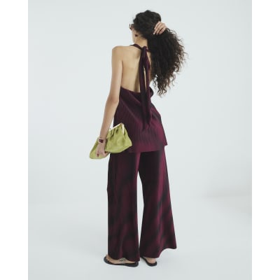 Red Plisse Wide Leg Trousers