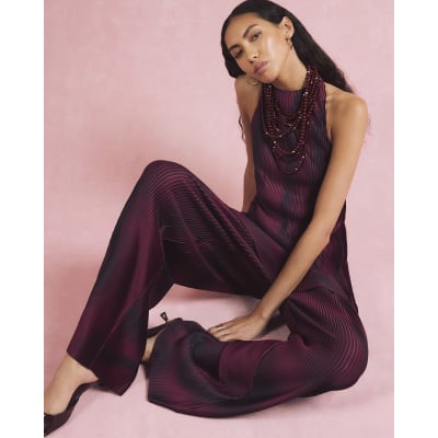 Red Plisse Wide Leg Trousers