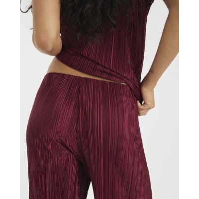 Red Plisse Wide Leg Trousers