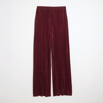 Red Plisse Wide Leg Trousers