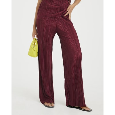 Red Plisse Wide Leg Trousers