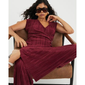 Red Plisse Wide Leg Trousers