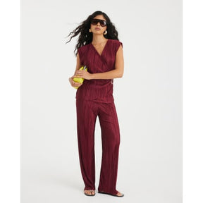 Red Plisse Wide Leg Trousers