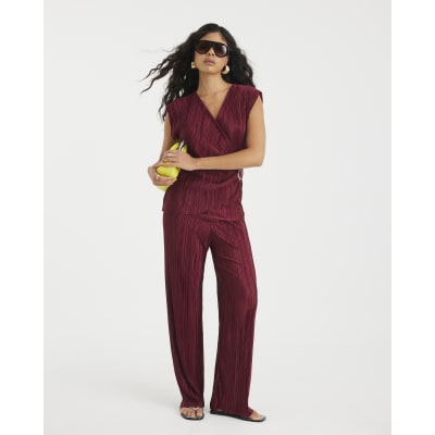 Red Plisse Wide Leg Trousers