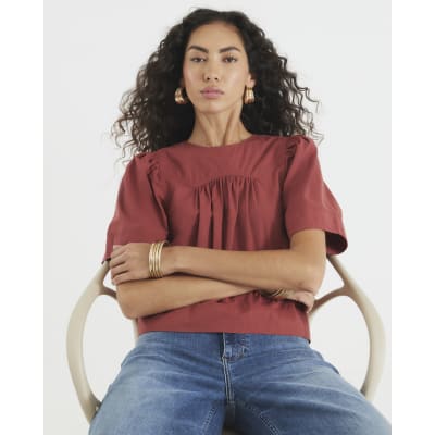 Red Poplin Short Sleeve Smock Top
