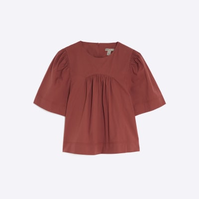 Red Poplin Short Sleeve Smock Top