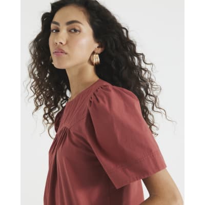 Red Poplin Short Sleeve Smock Top