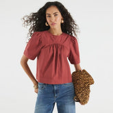 Red Poplin Short Sleeve Smock Top